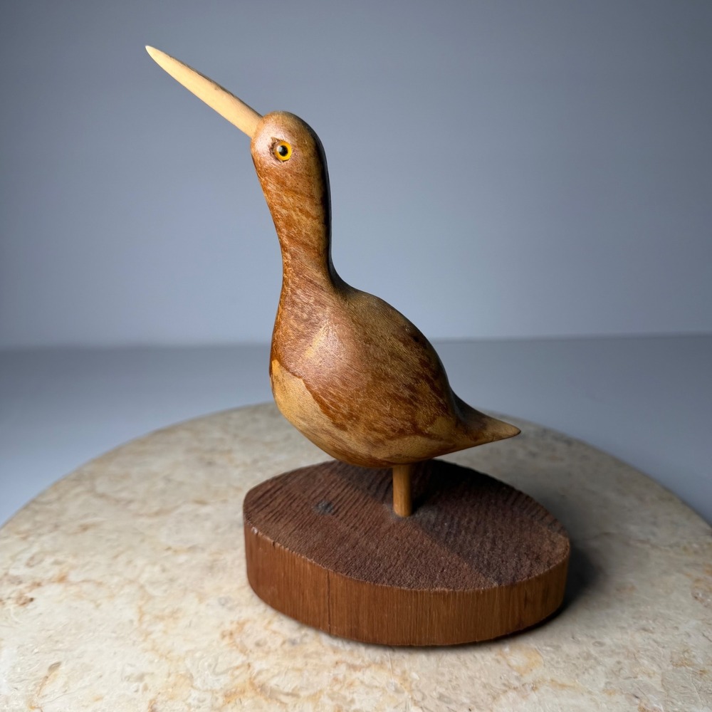 Vintage Hand Carved Wood Bird Figurine 7in Brown Folk Art Shorebird Glass Eyes